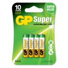 GP Super Alkaline AAA är ett perfekt standardbatteri, lämpligt för de med låg till medelhög strömförbrukning. Antal: 1 frp (4 batterier/frp s.k. 4-pack). Storlek: AAA (LR3).