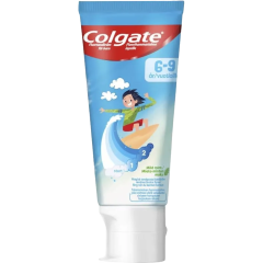 E2402_Barntandkräm för barn äldre än 6 år. Tandkrämen byter färg från genomskinlig till blå medan barnet borstar sina tänder. Mild mintsmak. 