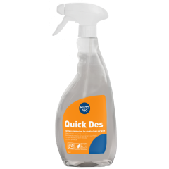 Kiilto Pro Quick Des spray är en färdig brukslösning avsedd för desinfektion av synligt rena och släta ytor. Desinfektionen är effektiv mot bakterier, svamp och olika typer av virus som t.ex. Corona, HIV, Hepatit B och C samt vissa nakna virus.