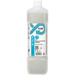 SURE Interior &amp; Surface Cleaner är ett miljövänligt professionellt allrengöringsmedel. Antal: 1 st (6 st per kartong). Mängd: 1 liter (1 000 ml). Doft: Oparfymerat. Miljömärkning: Miljömärkt med EU Ecolabel.