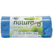 Avfallspåse Spar Natura 30 liter blå - 20 st extra stark med knythandtag av 100% återvunnen plast, polyeten. Tjocklek: 25 my. Storlek: 47 x 59 cm. Antal: 1 rulle (20 avfallspåsar per rulle).