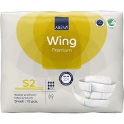 Abena Wing S2 är ett allt-i-ett skydd som fixeras med höftbälte och kardborreband för dem med måttlig till kraftig inkontinens. Antal: 60 skydd. Midjemått: 50-85 cm. Absorption: 1 994 ml. Färg: Vit. Färgkod: Gul.