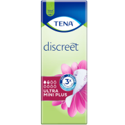 C5101_TENA Lady Ultra Mini Plus med DRYZone är ett anatomiskt utformat skydd för kvinnor med droppinkontinens och små urinläckage. Antal: 24 st/frp. Längd: 22 cm.